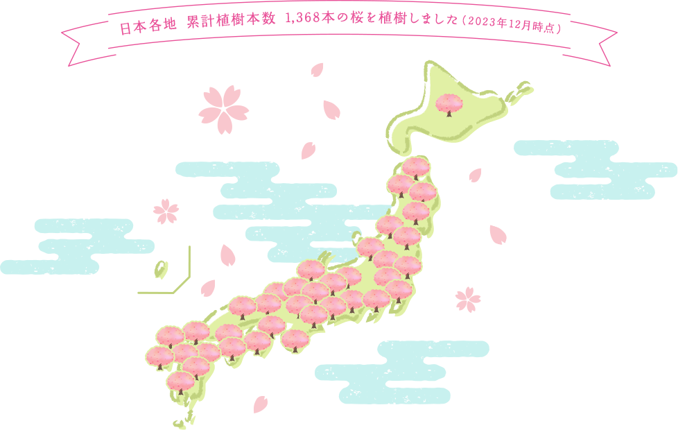 日本各地 累計植樹本数 1,368本の桜を植樹しました（2023年12月時点）